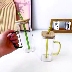 Square Glass Cup With Straw